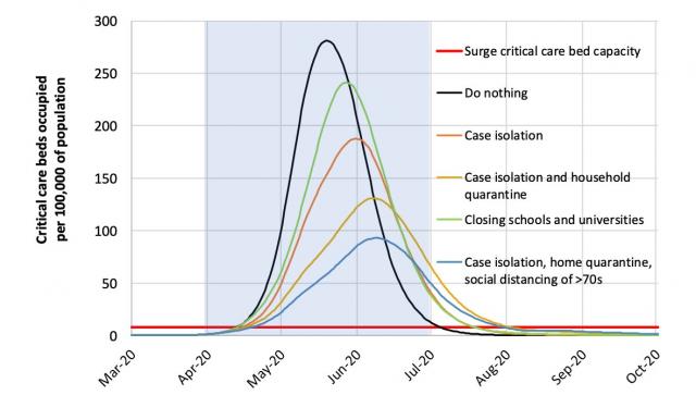 Critical care beds occupied per 100,000 of population in different scenarios | Imperial College